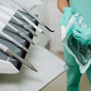 Die Verpackung eines dentalchirurgisches Abdecktuchs wird geöffnet